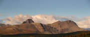 sunset panorama of Lyngen Alps, Piggtinden (1505m) & Storvasstinden (1377m) from Markenes/Balsfjord, Norway