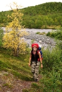 on the Kungsleden trail along Abiskojokk river in Abisko NP, Sweden