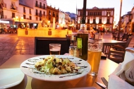 dinner salad (lettuce, nuts, raisins, cheese, honey), Plaza del Soccoro, Ronda