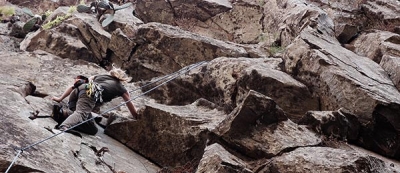 back cleaning a 5b, 28m route in Barranco de los Albarderos