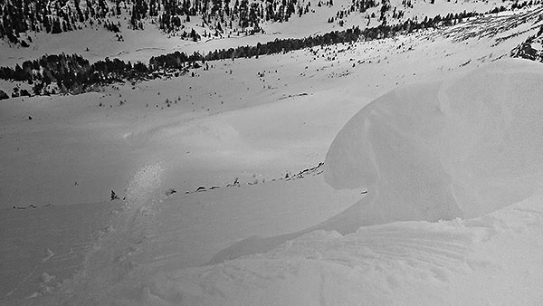 having fun with the cornice producing a small wet avalanche down below, SC#12, njoki, Mar.19th