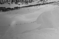 having fun with the cornice producing a small wet avalanche down below, SC#12, njoki, Mar.19th